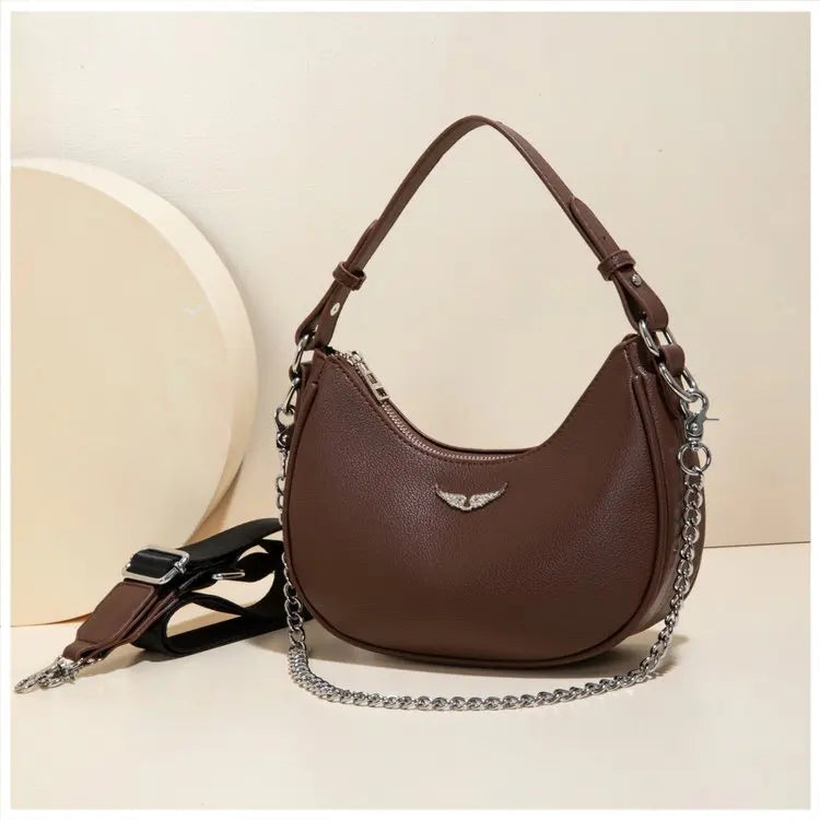 Women's Crescent Moon Shoulder Bag – Faux Leather Hobo Handbag with Silver Chain & Wide Guitar Crossbody Strap