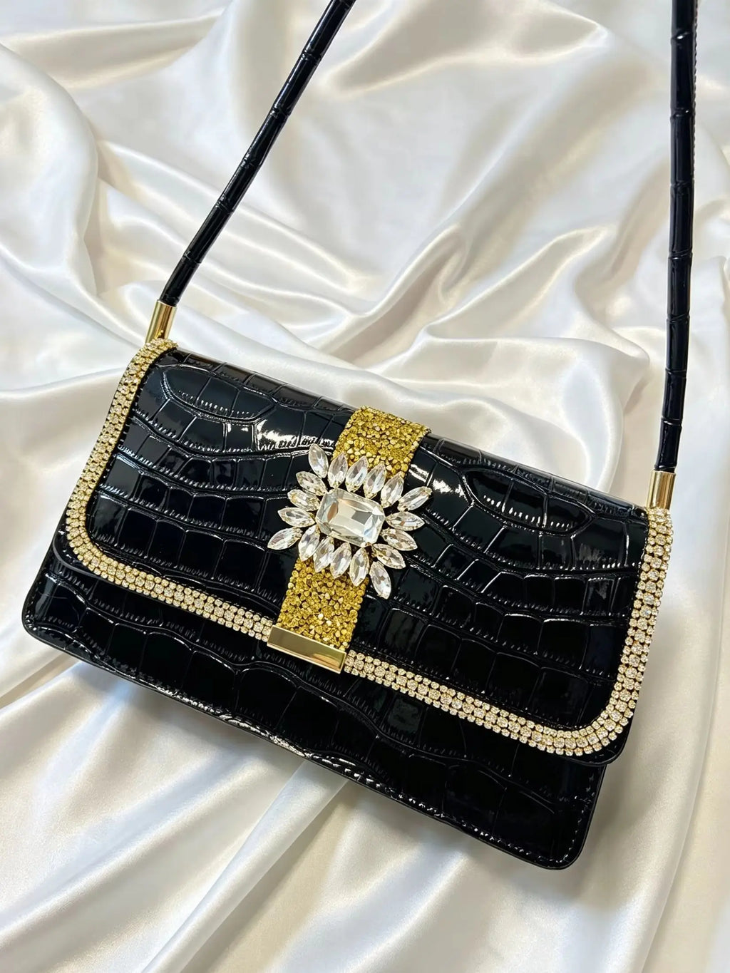 Luxury Croc-Embossed Rhinestone Evening Bag – Glossy Patent Leather Shoulder Bag & Statement Party Clutch