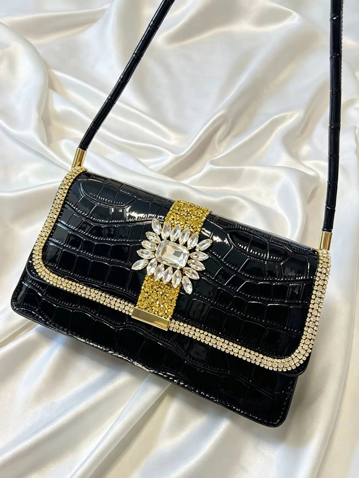 Luxury Croc-Embossed Rhinestone Evening Bag – Glossy Patent Leather Shoulder Bag & Statement Party Clutch