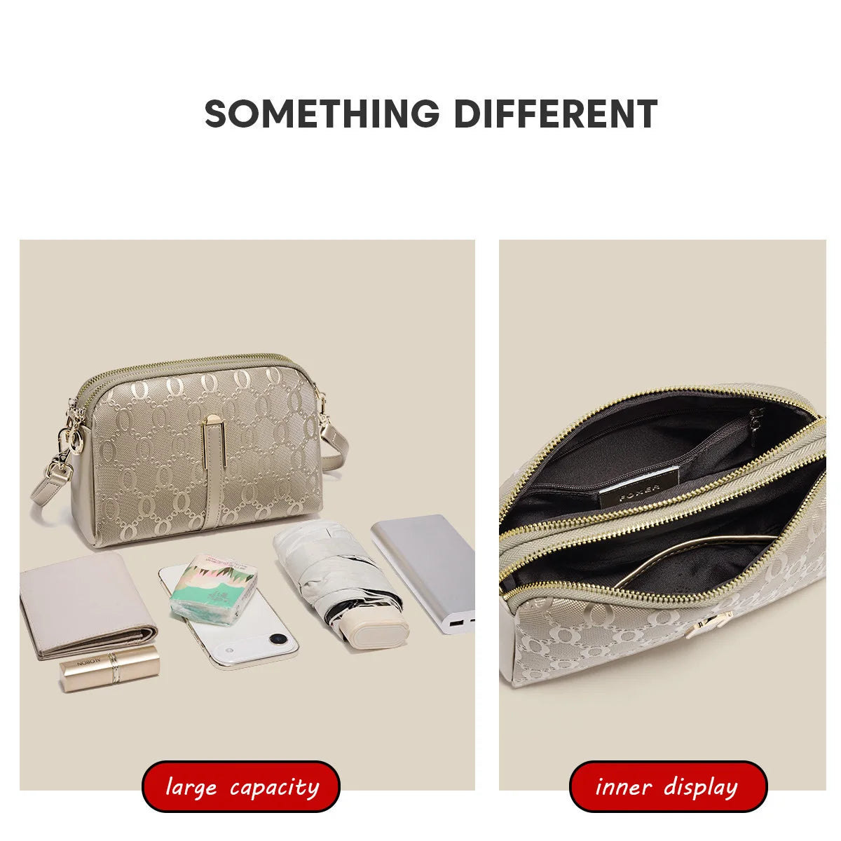 FOXER Women's Monogram Embossed Crossbody Bag – Luxury Double-Zipper Shoulder Camera Bag