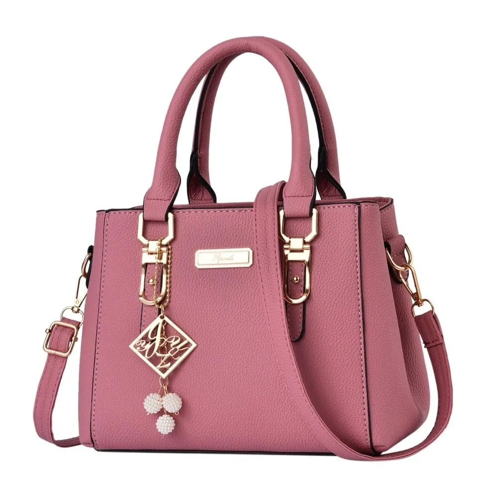 Elegant Women's PU Leather Handbag with Geometric Accent & Pearl Tassel
