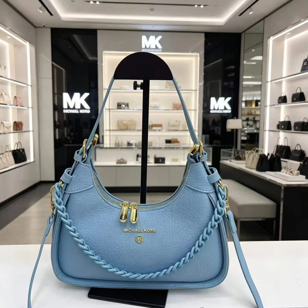 Michael Kors Pebbled Leather Small Shoulder Bag – Chain Detail Crescent Hobo Handbag