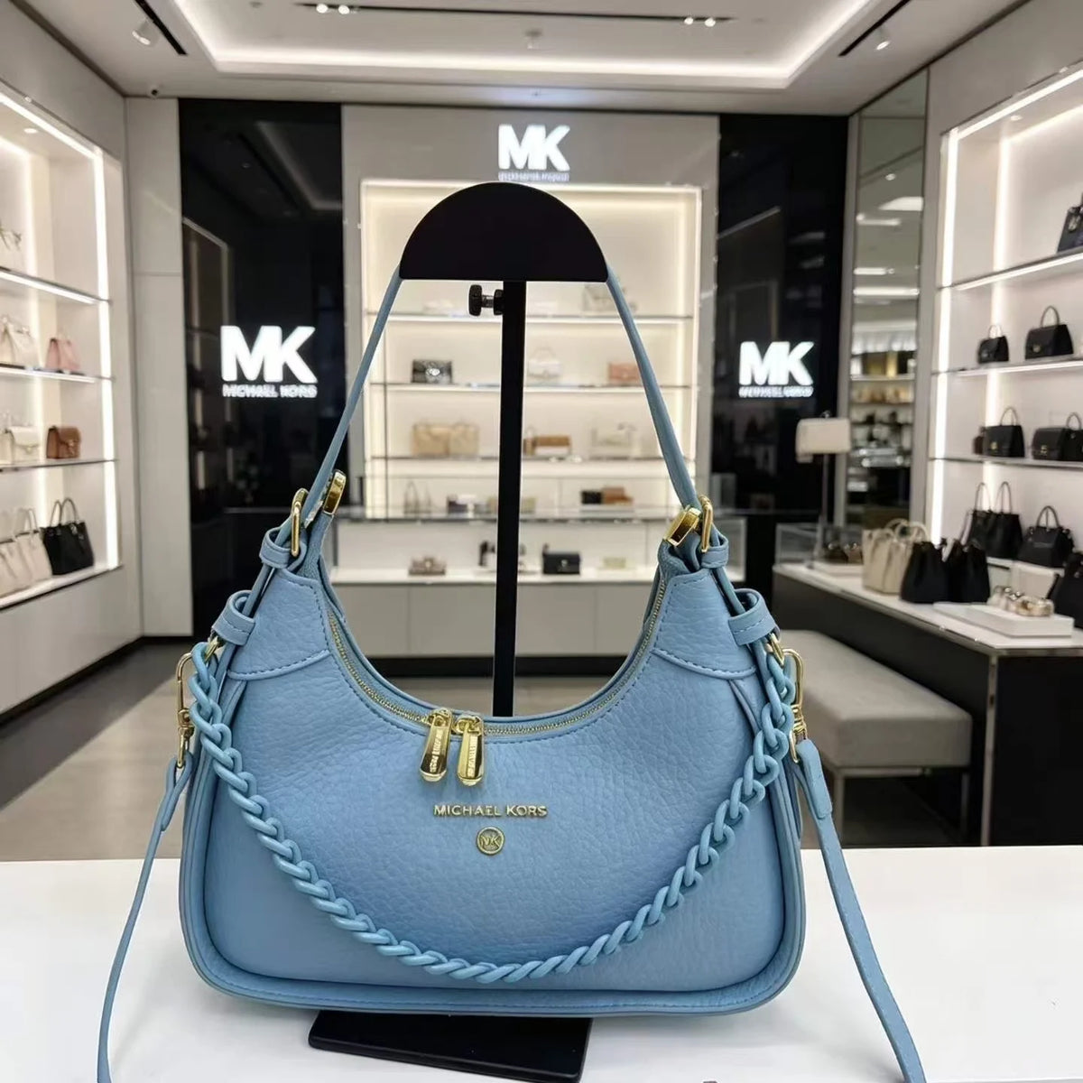 Michael Kors Pebbled Leather Small Shoulder Bag – Chain Detail Crescent Hobo Handbag