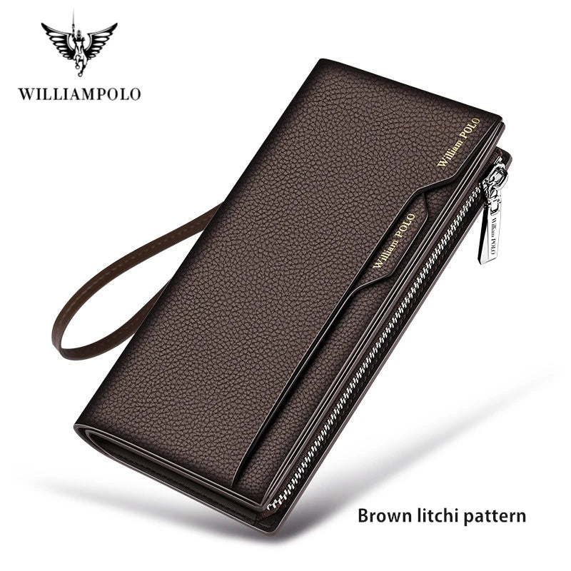 WILLIAM POLO Men’s Long Leather Wallet – Multi-Card Bifold Clutch with Removable Card Holder & Phone Zipper Pocket