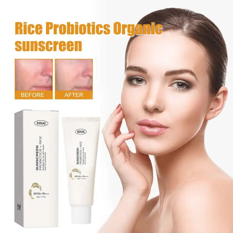 SOUG Rice + Probiotics Relief Sunscreen SPF50+ PA+++ (50ml) – Hydrating Organic Sun Cream for Face & Body, Zero White Cast