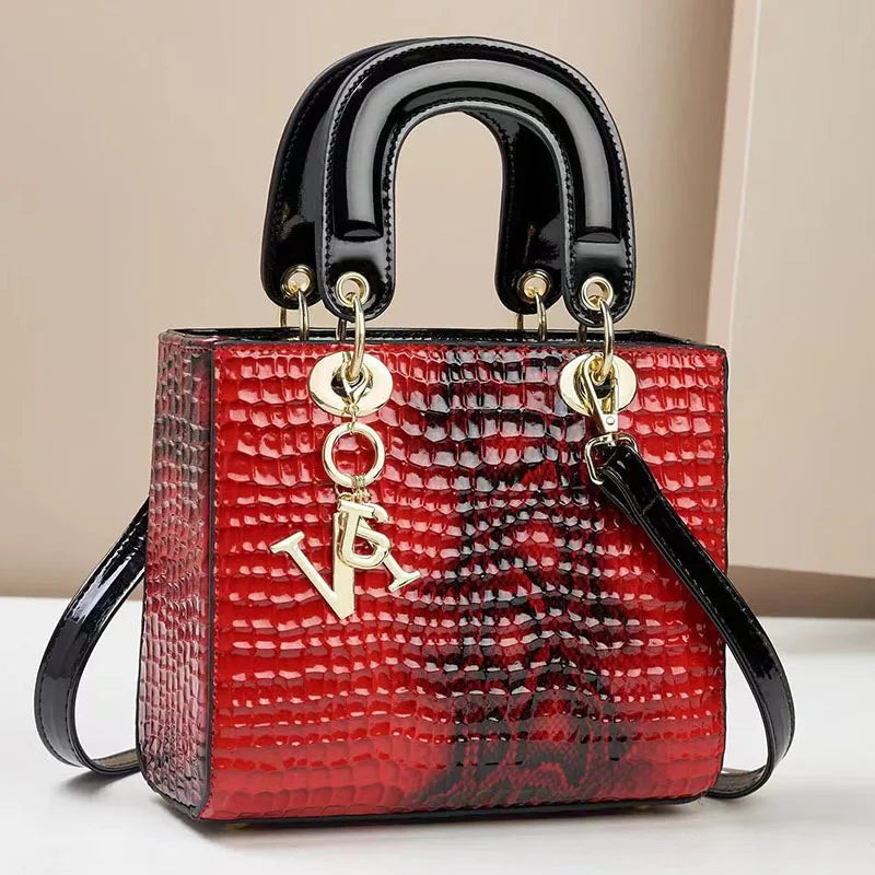 Glossy Embossed Crocodile Mini Tote Bag with Gold Charm & Crossbody Strap