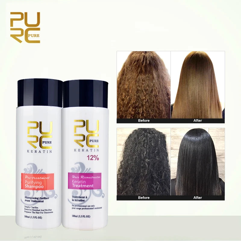 PURC Travel Keratin Treatment & Purifying Shampoo Set (2x 100ml) – Brazilian Straightening & Repair Kit (0%, 8%, 12%)