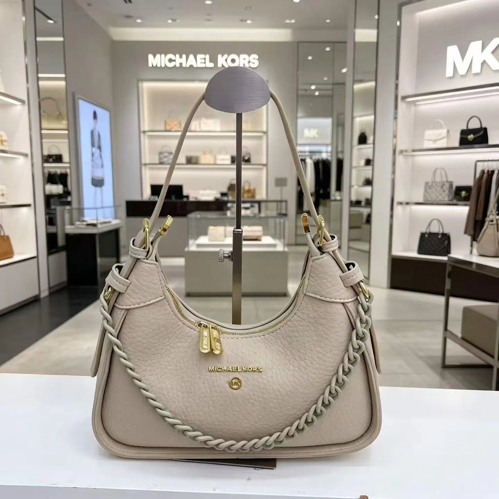 Michael Kors Pebbled Leather Small Shoulder Bag – Chain Detail Crescent Hobo Handbag