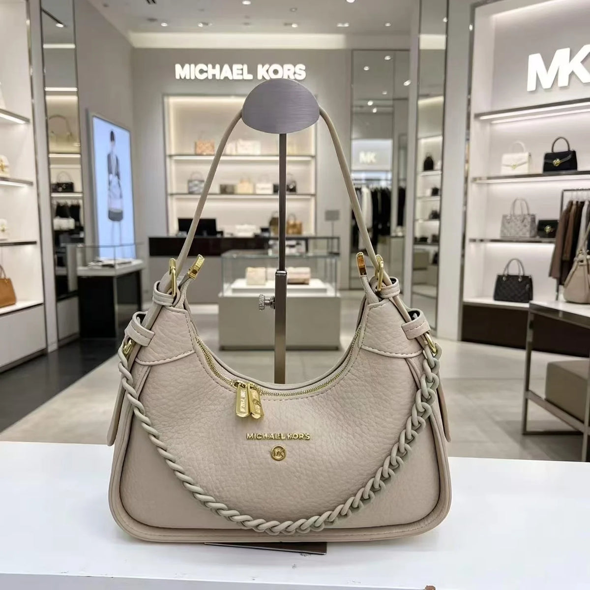 Michael Kors Pebbled Leather Small Shoulder Bag – Chain Detail Crescent Hobo Handbag
