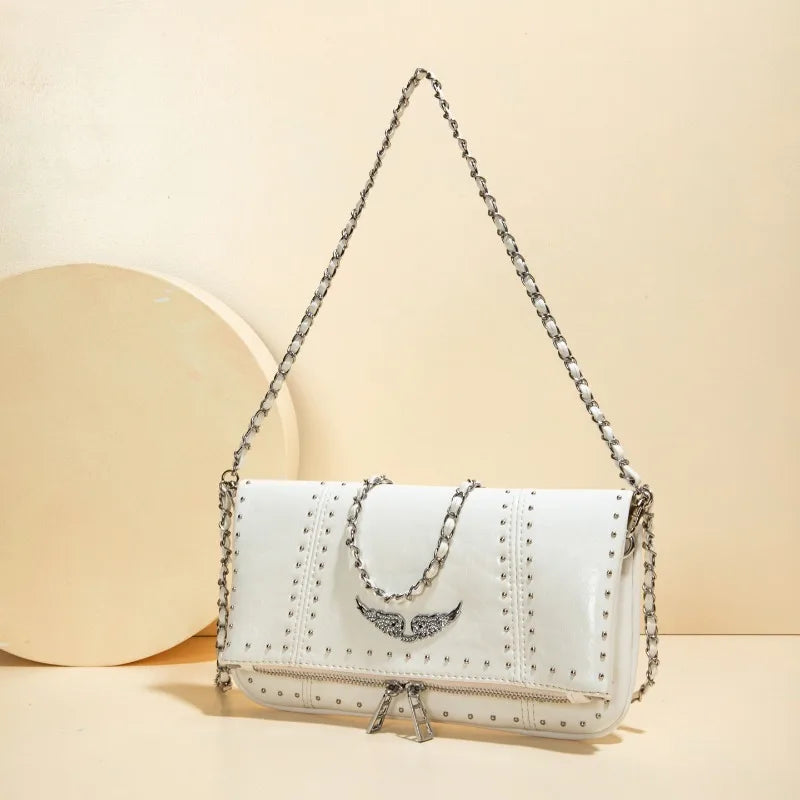 Grunge Angel Wing Foldover Crossbody Bag – Studded Faux Leather Shoulder Clutch