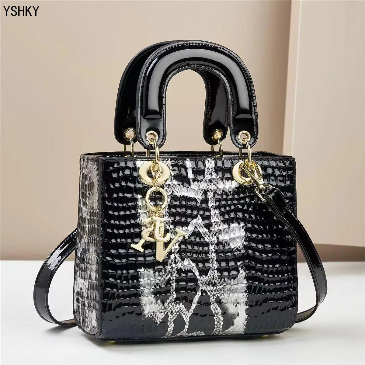 Glossy Embossed Crocodile Mini Tote Bag with Gold Charm & Crossbody Strap
