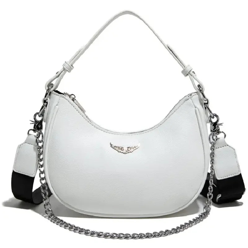 Women's Crescent Moon Shoulder Bag – Faux Leather Hobo Handbag with Silver Chain & Wide Guitar Crossbody Strap
