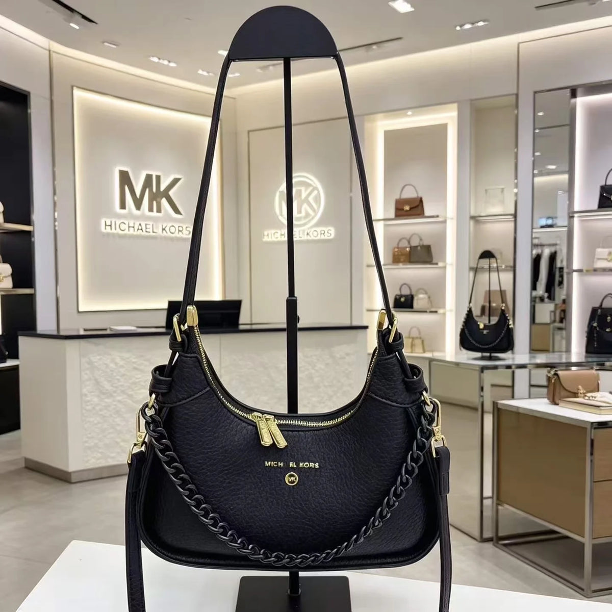 Michael Kors Pebbled Leather Small Shoulder Bag – Chain Detail Crescent Hobo Handbag