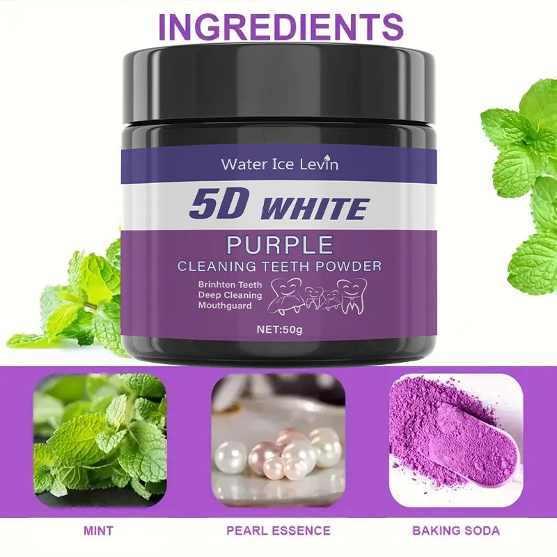 5D White Purple Teeth Whitening Powder – Color Correcting Stain Remover & Breath Freshener (50g)