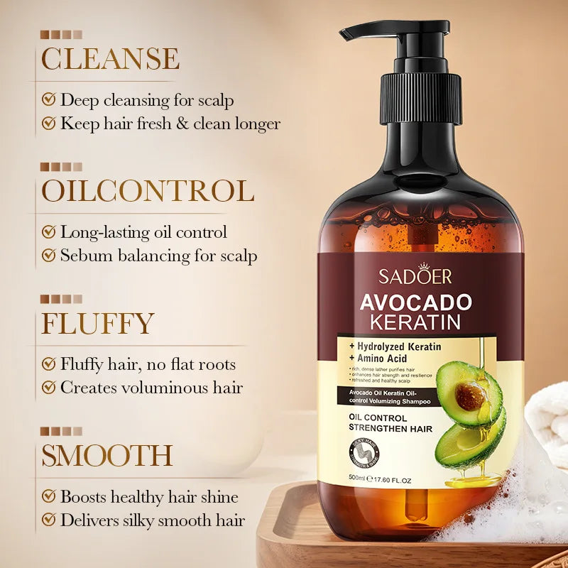SADOER Avocado Keratin Oil-Control Volumizing Shampoo (500ml) – Amino Acid Scalp Cleanser for Greasy Hair, Root Lift & Frizz Repair