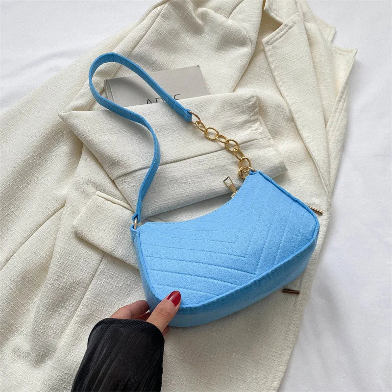 Chevron Quilted Felt Mini Baguette Shoulder Bag with Gold Chain Accent