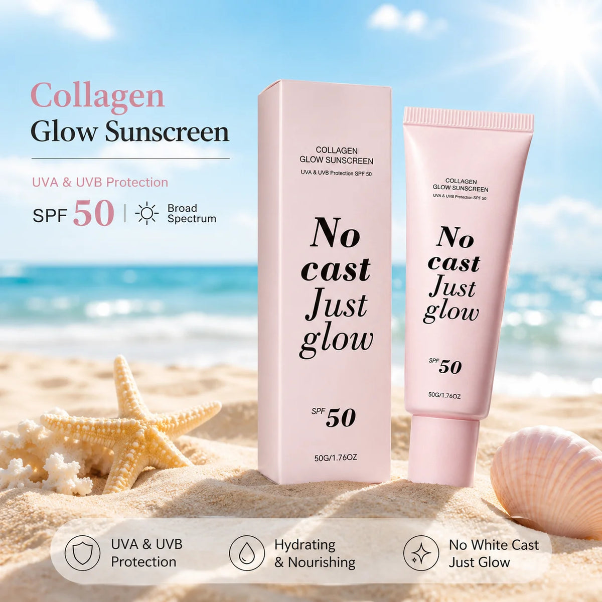 Collagen Glow Sunscreen SPF 50 (50g) – "No Cast Just Glow" Hydrating Daily Sun Cream with Centella Asiatica & Panthenol