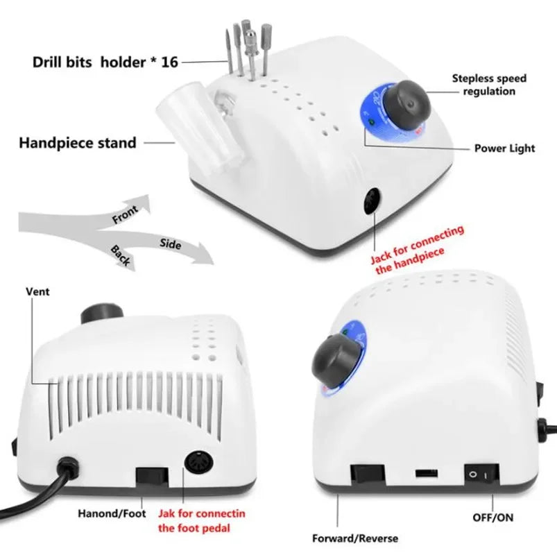 Professional STRONG 210 Electric Nail Drill Set – 45000 RPM Micro Motor E-File Machine with Foot Pedal