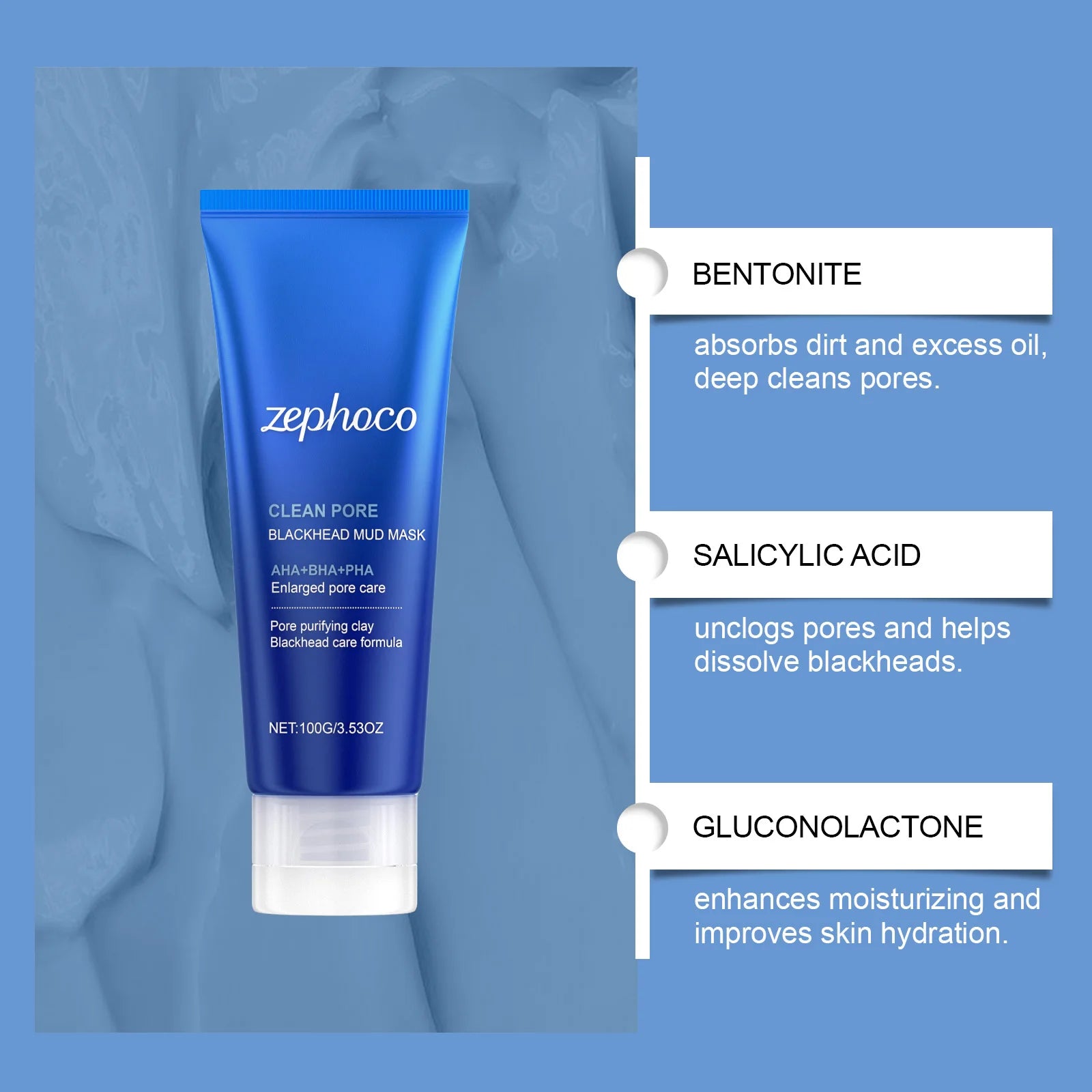ZEPHOCO Clean Pore Blackhead Mud Mask with AHA+BHA+PHA (100g)