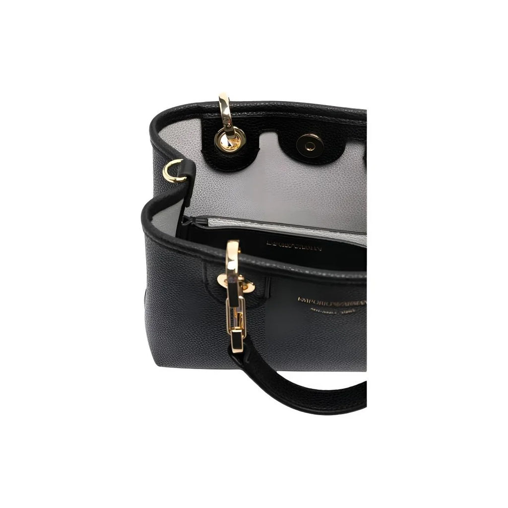 Emporio Armani Milano 1981 Women's Black Faux Leather Handbag – Top-Handle Tote & Crossbody Bag with Jacquard Strap