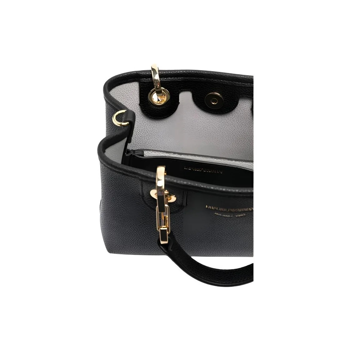 Emporio Armani Milano 1981 Women's Black Faux Leather Handbag – Top-Handle Tote & Crossbody Bag with Jacquard Strap