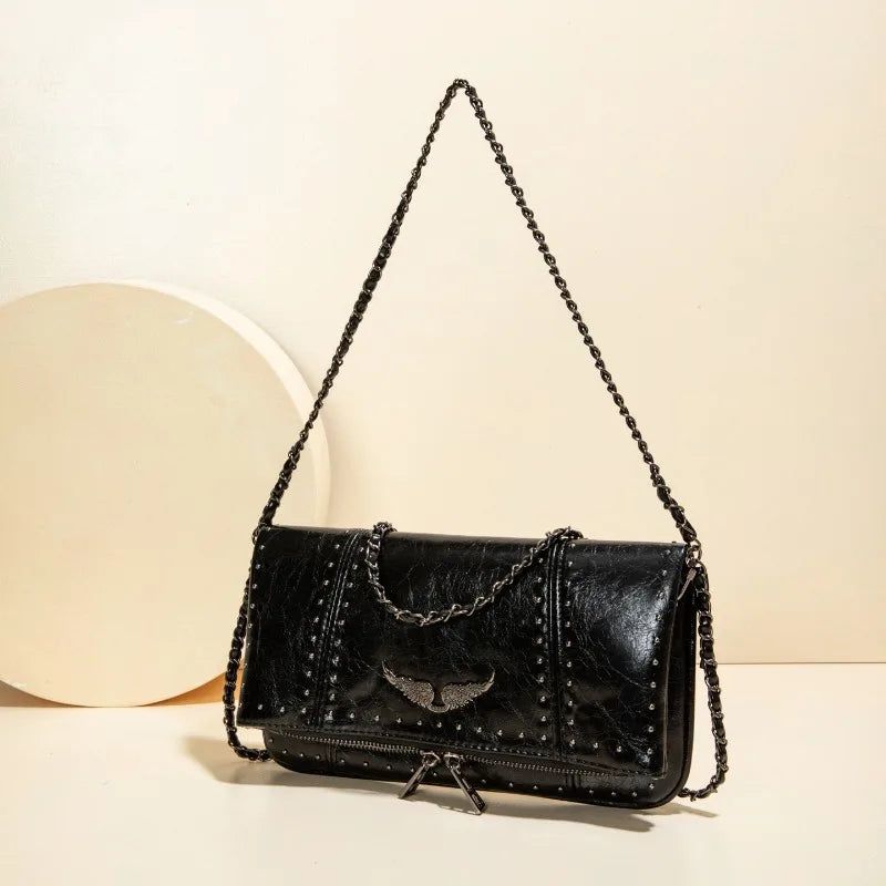 Grunge Angel Wing Foldover Crossbody Bag – Studded Faux Leather Shoulder Clutch