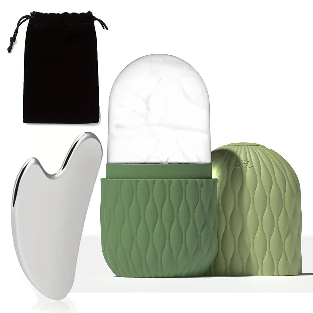 Silicone Ice Face Roller & Stainless Steel Gua Sha Set – Cryotherapy Facial Massager for Puffiness, Eye Edema & Jawline Sculpting