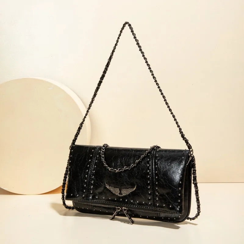 Grunge Angel Wing Foldover Crossbody Bag – Studded Faux Leather Shoulder Clutch