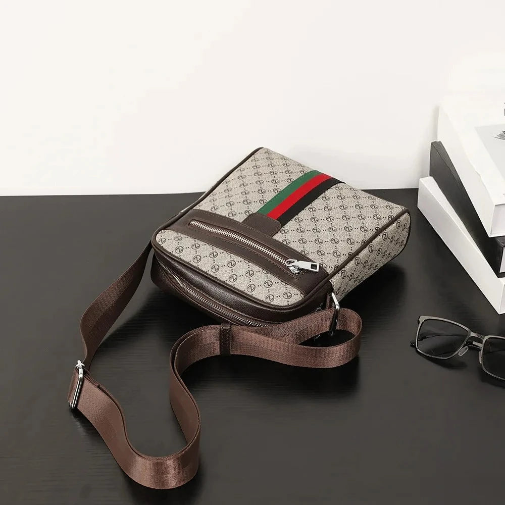 Men's Vintage Monogram Crossbody Bag – Striped Leather Messenger Bag & Casual Shoulder Bag for Travel and Daily Commute