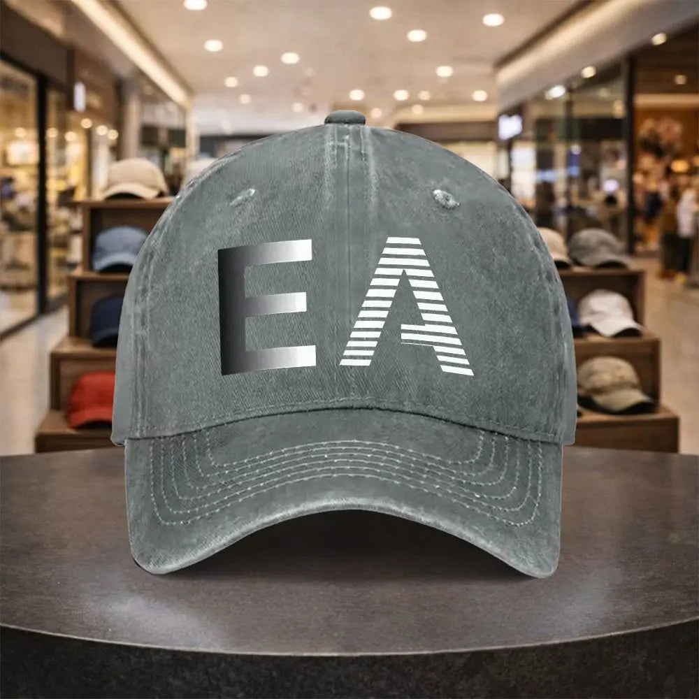 Vintage Washed Cotton EA Graphic Baseball Cap – Distressed Retro Dad Hat with Curved Brim