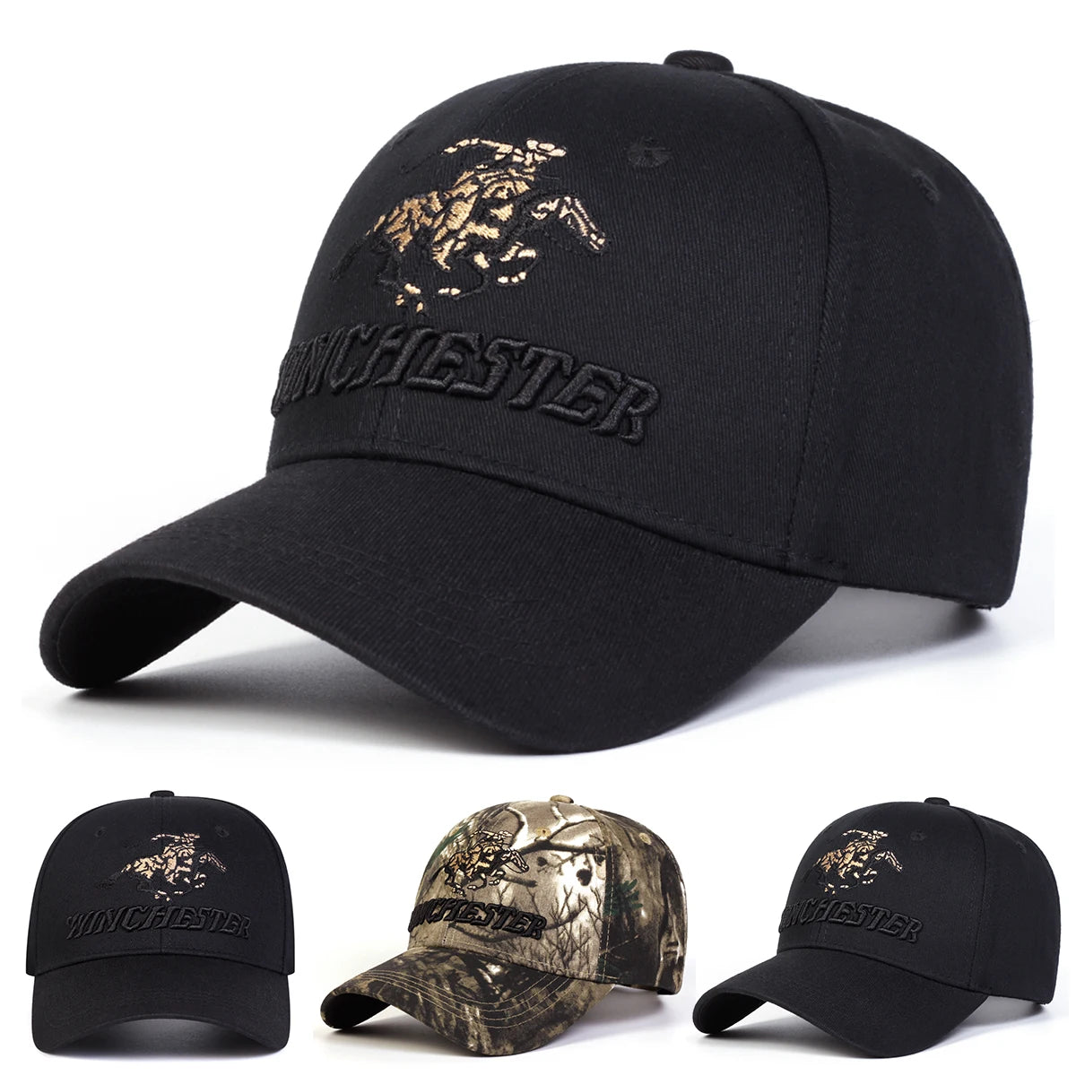 Winchester Embroidered Western Rider Baseball Cap – Outdoor Camo & Black Hat