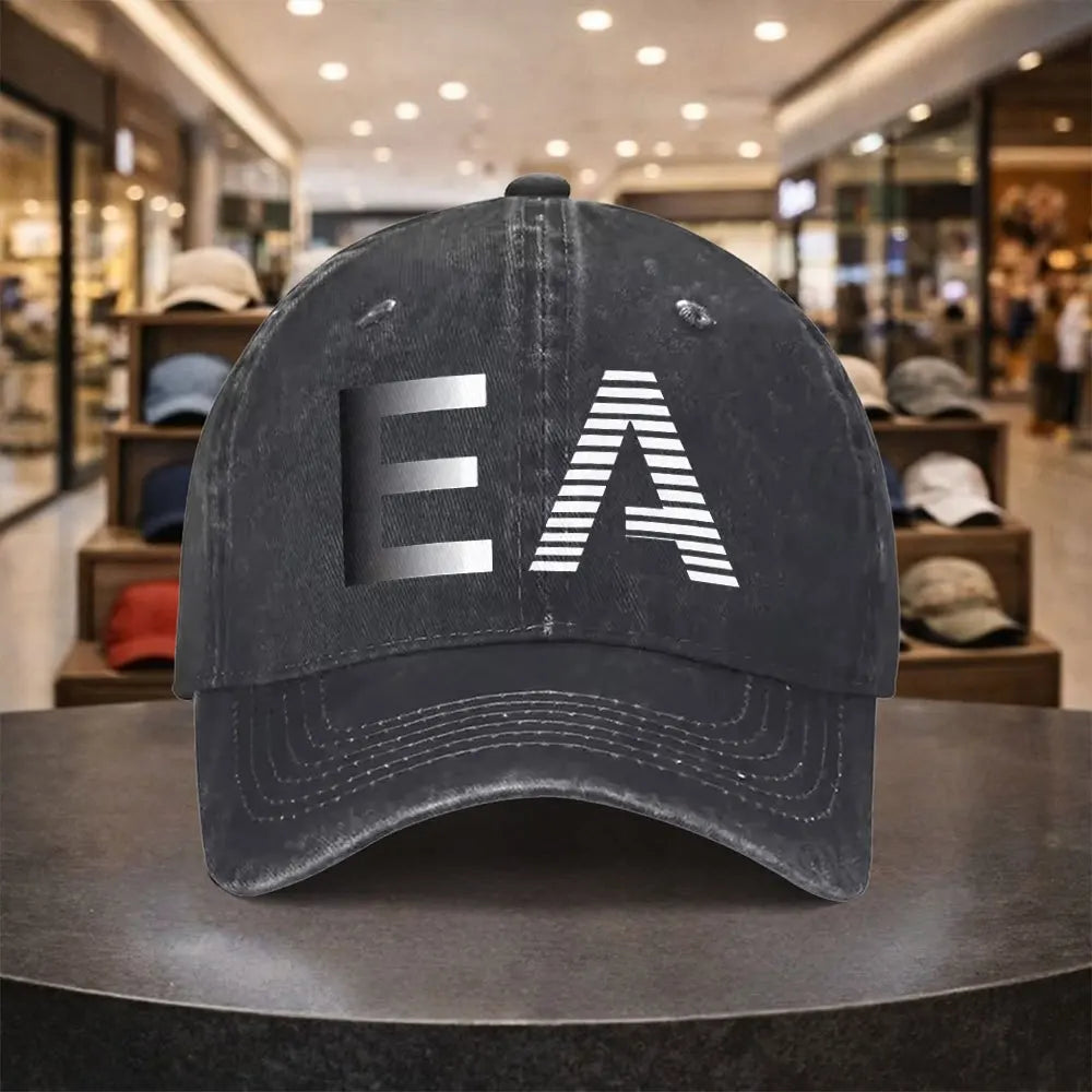 Vintage Washed Cotton EA Graphic Baseball Cap – Distressed Retro Dad Hat with Curved Brim