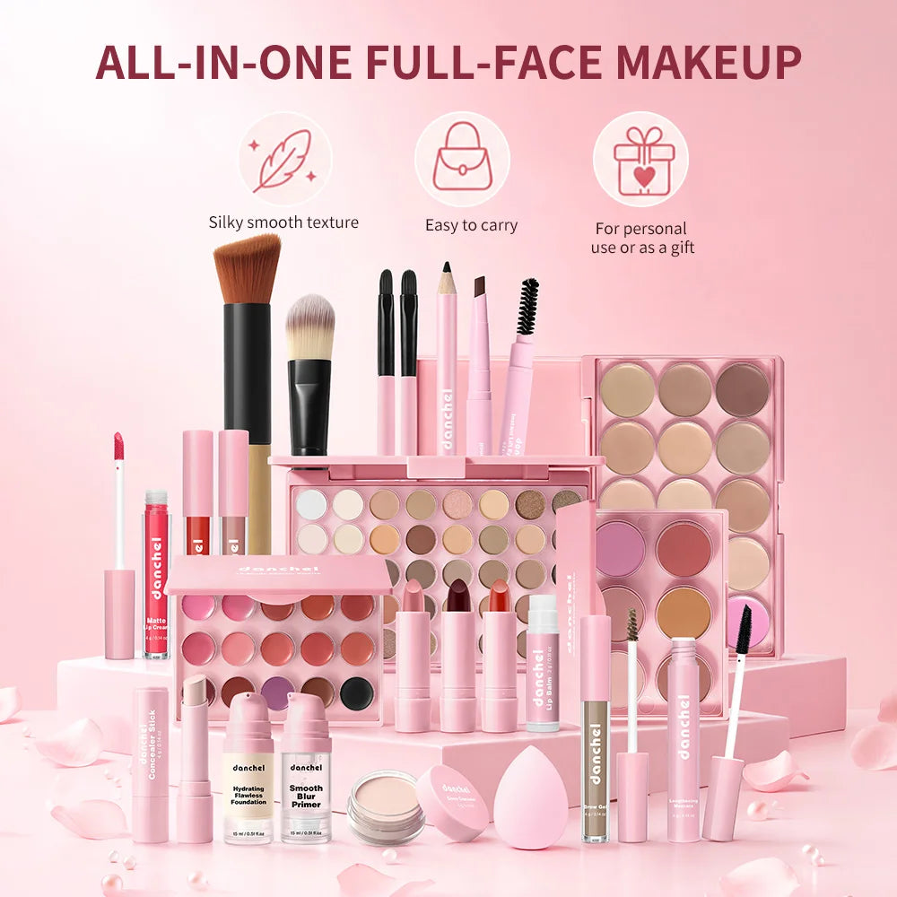Danchel All-in-One Full-Face Makeup Kit – Ultimate Cosmetics Set with Palettes, Brushes & Travel Bag