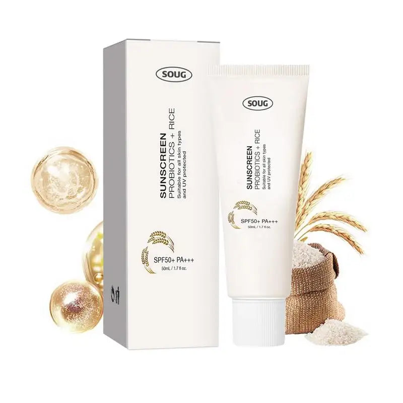 SOUG Rice + Probiotics Relief Sunscreen SPF50+ PA+++ (50ml) – Hydrating Organic Sun Cream for Face & Body, Zero White Cast