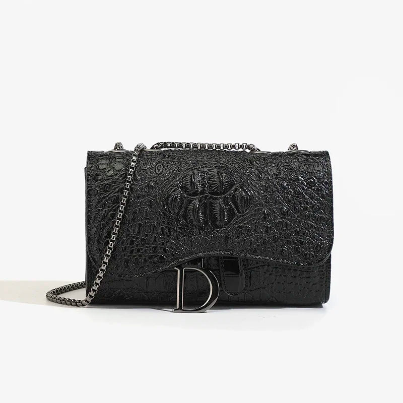 Crocodile Embossed Saddle Flap Crossbody Bag with Gunmetal Chain & Letter Charm