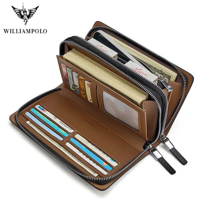 WilliamPOLO Carbon Fiber Pattern Leather Clutch Wallet for Men - Large Capacity Long Purse with Wristlet