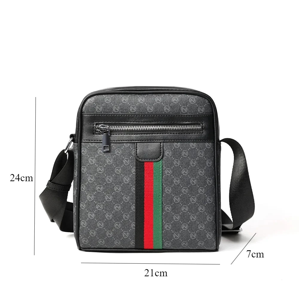 Men's Vintage Monogram Crossbody Bag – Striped Leather Messenger Bag & Casual Shoulder Bag for Travel and Daily Commute