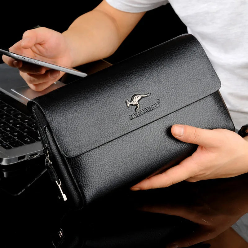 Premium Mens Genuine Leather Large Capacity Business Clutch Wristlet Wallet