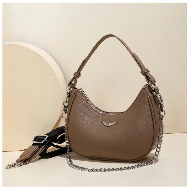 Women's Crescent Moon Shoulder Bag – Faux Leather Hobo Handbag with Silver Chain & Wide Guitar Crossbody Strap