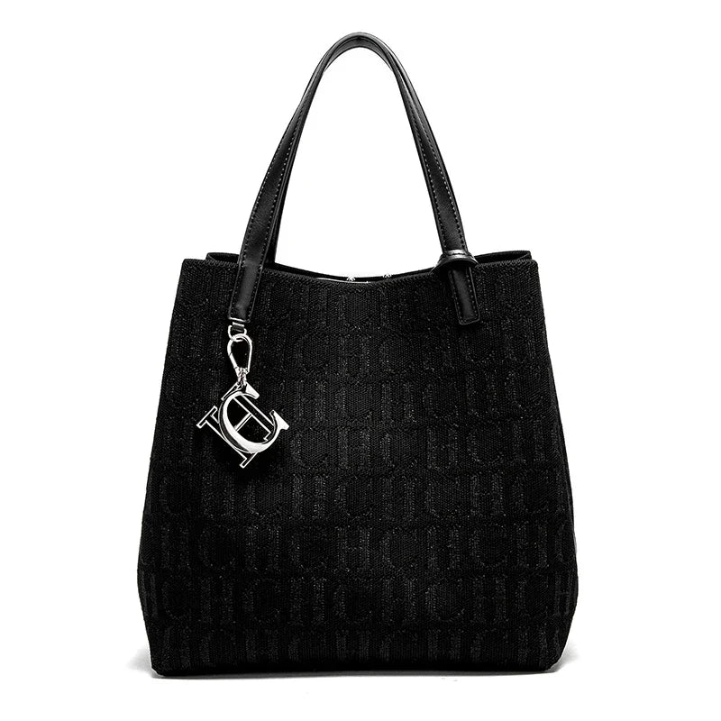 Elegant Women's Monogram Jacquard Tote Bag - Top Handle Shoulder Bag with Gold Initial Charm