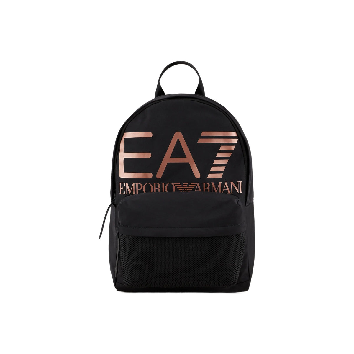 EA7 Emporio Armani Classic Unisex Backpack – Rose Gold Logo Laptop Daypack in Black