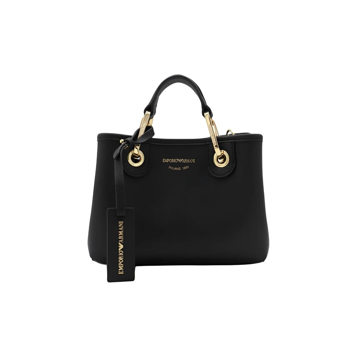 Emporio Armani Milano 1981 Women's Black Faux Leather Handbag – Top-Handle Tote & Crossbody Bag with Jacquard Strap