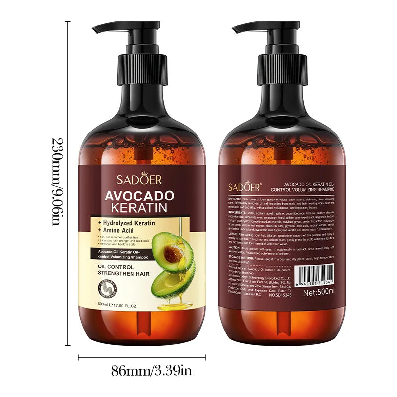 SADOER Avocado Keratin Oil-Control Volumizing Shampoo (500ml) – Amino Acid Scalp Cleanser for Greasy Hair, Root Lift & Frizz Repair