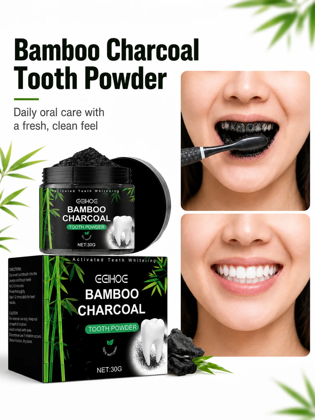 EEHOE™ Activated Bamboo Charcoal Teeth Whitening Powder – Natural Stain Removal & Enamel Care (30g)