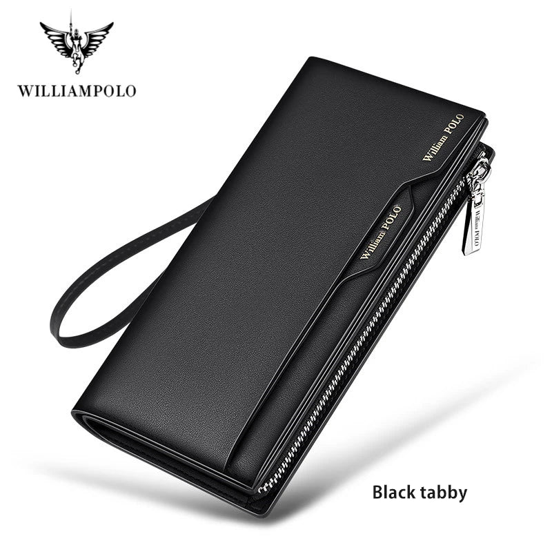 WILLIAM POLO Men’s Long Leather Wallet – Multi-Card Bifold Clutch with Removable Card Holder & Phone Zipper Pocket