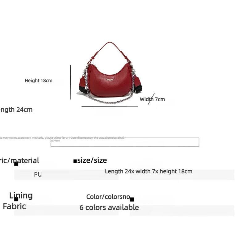 Women's Crescent Moon Shoulder Bag – Faux Leather Hobo Handbag with Silver Chain & Wide Guitar Crossbody Strap