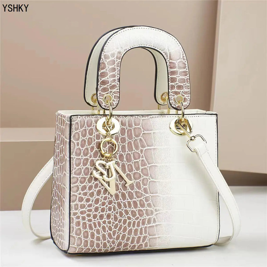 Glossy Embossed Crocodile Mini Tote Bag with Gold Charm & Crossbody Strap