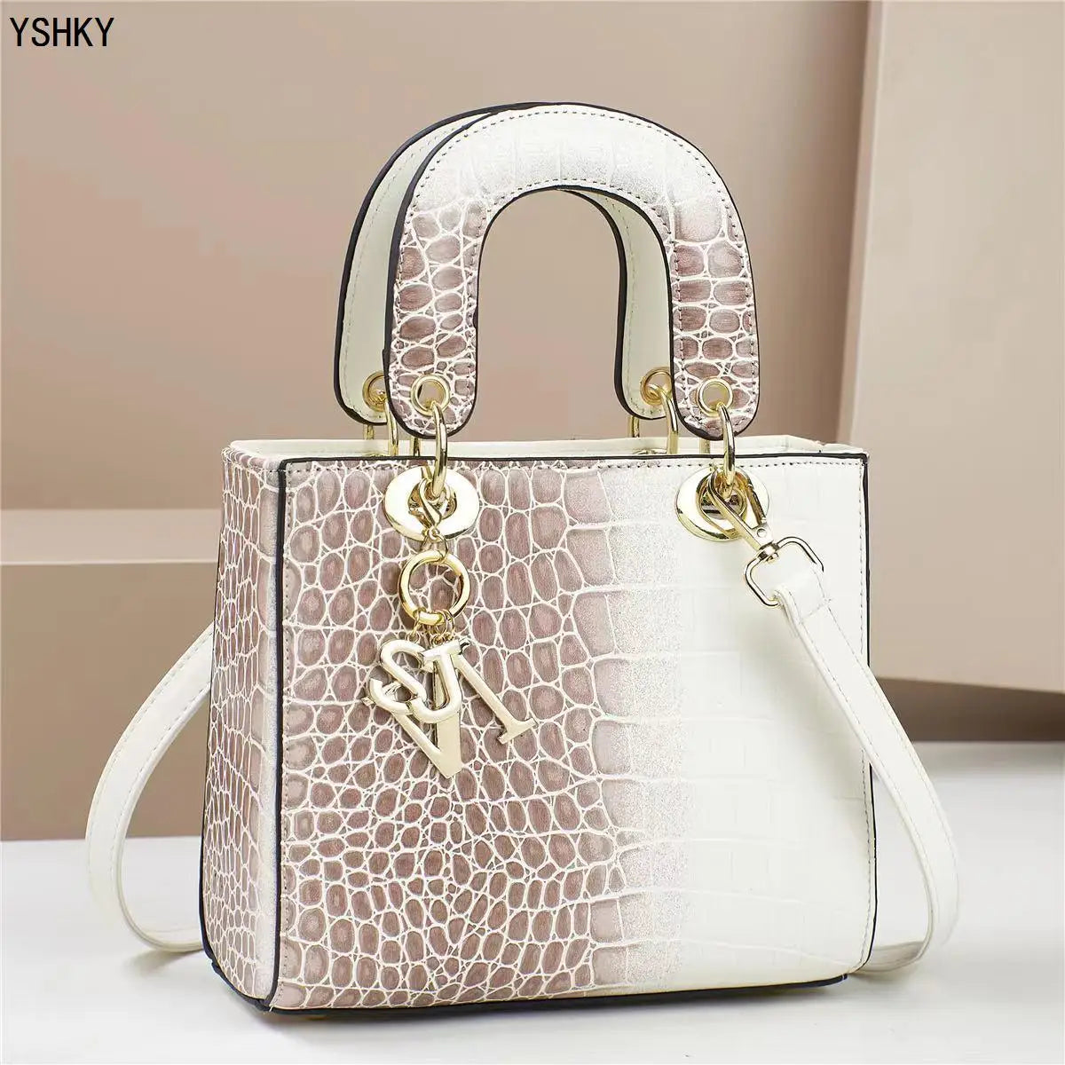 Glossy Embossed Crocodile Mini Tote Bag with Gold Charm & Crossbody Strap