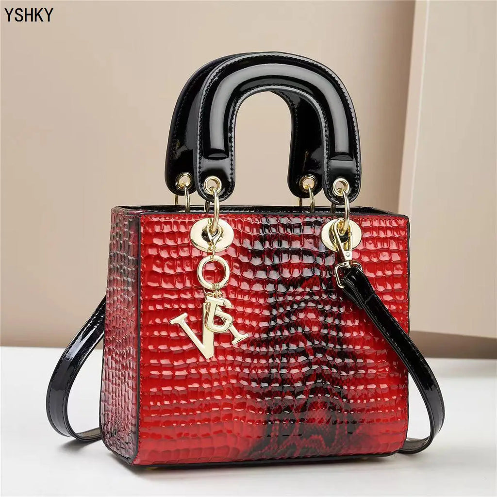 Glossy Embossed Crocodile Mini Tote Bag with Gold Charm & Crossbody Strap