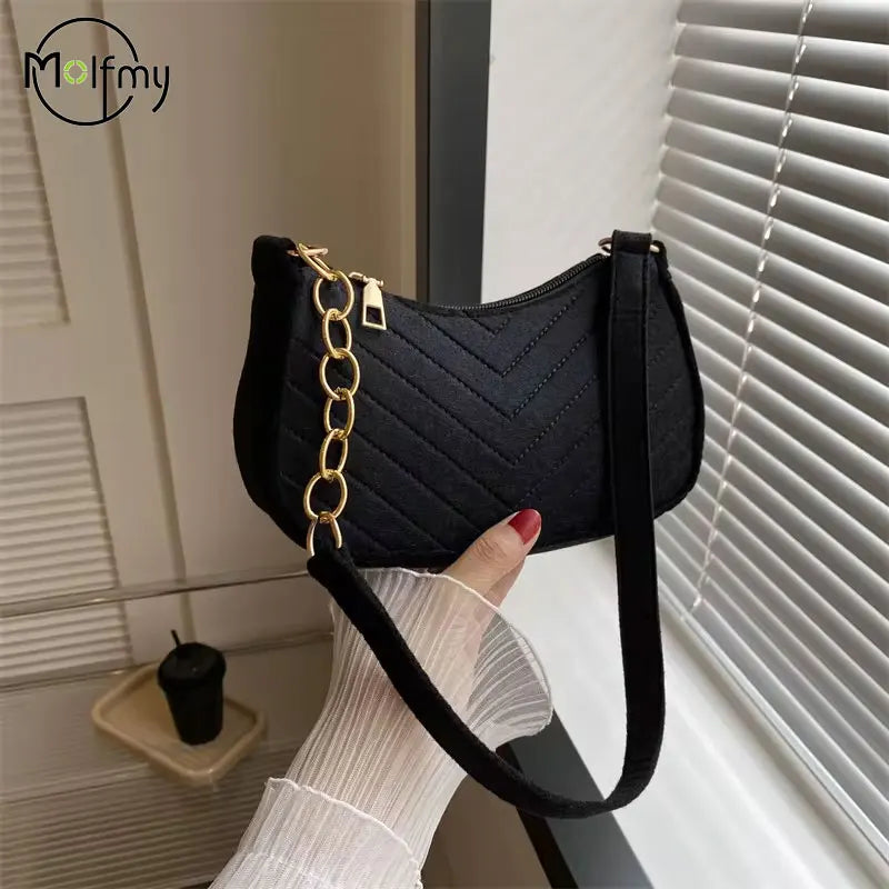 Chevron Quilted Felt Mini Baguette Shoulder Bag with Gold Chain Accent